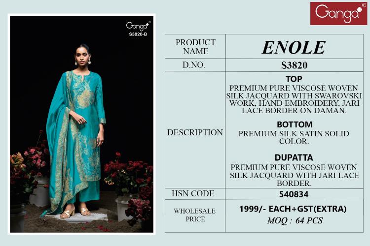 Ganga enole 3820 wholesale embroidery pakistani dress materials sanwari